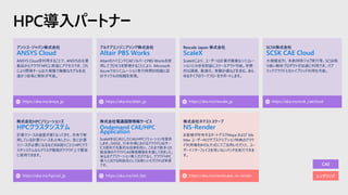HPC導入パートナー
アンシス・ジャパン株式会社
ANSYS Cloud
ANSYS Cloudを利用することで、ANSYSの主要
製品からクラウドHPCに即座にアクセスでき、これ
により開発チームは大規模で複雑なモデルを迅
速かつ容易に解析が可能。
https://aka.ms/ansys_jp
アルテアエンジニアリング株式会社
Altair PBS Works
AltairのハイエンドCAEソルバーとPBS Worksを使
用してプロセスを管理することにより、Microsoft
Azureでのシミュレーション実行時間の短縮と設
計サイクルの短縮を実現。
https://aka.ms/altair_jp
Rescale Japan 株式会社
ScaleX
ScaleXにより、ユーザーは計算が複雑なシミュレー
ションと分析を即座にスケールアウト可能。学際
的な調査、最適化、実験計画などを含む、あら
ゆるタイプのワークフローをサポートします。
https://aka.ms/rescale_jp
SCSK株式会社
SCSK CAE Cloud
大規模並列、多数同時ジョブ実行等、SCSK取
り扱い解析プロダクトが迅速に利用でき、パブ
リッククラウドとのハイブリッド利用も可能。
https://aka.ms/scsk_caecloud
株式会社HPCソリューションズ
HPCクラスタシステム
計算リソースの速度が遅くなってきた、共有で使
用している計算リソースを占有したい、急に計算
リソースが必要になるなどのお困りごとにHPCクラ
スタシステムならクラスタ環境がクラウド上で簡単
に使用できます。
https://aka.ms/hpcsol_jp
株式会社ネクストスケープ
NS-Render
お客様が所有するオートデスクMaya および 3ds
Max ユーザー向けサブスクリプション特典のクラウ
ド利用権をBYOL方式にてご活用いただくと、ユー
ザーインターフェイスを用いないバッチを実行できま
す。
https://aka.ms/nextscape_ns-render
株式会社電通国際情報サービス
Ondemand CAE/HPC
Application
ScaleXをはじめとしたCAE/HPCソリューションを提供
します。ISIDは、日本市場におけるクラウドCAEサー
ビス提供で先駆的な役割を担い、これまで数多くの
製造業のクラウドCAE環境構築を支援してきました。
単なるアプリケーション導入だけでなく、クラウドHPC
導入における相談役としてお使いいただければ幸甚
です。
https://aka.ms/isid_hpc レンダリング
CAE
 