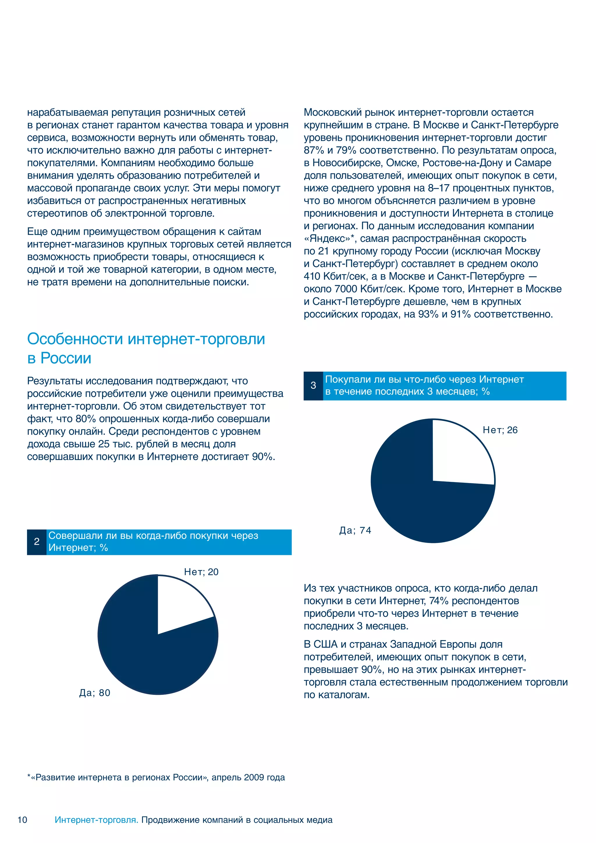 нарабатываемая репутация розничных сетей                    Московский рынок интернет-торговли остается
 в регионах станет гарантом качества товара и уровня         крупнейшим в стране. В Москве и Санкт-Петербурге
 сервиса, возможности вернуть или обменять товар,            уровень проникновения интернет-торговли достиг
 что исключительно важно для работы с интернет-              87% и 79% соответственно. По результатам опроса,
 покупателями. Компаниям необходимо больше                   в Новосибирске, Омске, Ростове-на-Дону и Самаре
 внимания уделять образованию потребителей и                 доля пользователей, имеющих опыт покупок в сети,
 массовой пропаганде своих услуг. Эти меры помогут           ниже среднего уровня на 8–17 процентных пунктов,
 избавиться от распространенных негативных                   что во многом объясняется различием в уровне
 стереотипов об электронной торговле.                        проникновения и доступности Интернета в столице
                                                             и регионах. По данным исследования компании
 Еще одним преимуществом обращения к сайтам
                                                             «Яндекс»*, самая распространённая скорость
 интернет-магазинов крупных торговых сетей является
                                                             по 21 крупному городу России (исключая Москву
 возможность приобрести товары, относящиеся к
                                                             и Санкт-Петербург) составляет в среднем около
 одной и той же товарной категории, в одном месте,
                                                             410 Кбит/сек, а в Москве и Санкт-Петербурге —
 не тратя времени на дополнительные поиски.
                                                             около 7000 Кбит/сек. Кроме того, Интернет в Москве
                                                             и Санкт-Петербурге дешевле, чем в крупных
                                                             российских городах, на 93% и 91% соответственно.

 Особенности интернет-торговли
 в России
 Результаты исследования подтверждают, что                         Покупали ли вы что-либо через Интернет
                                                               3
 российские потребители уже оценили преимущества                   в течение последних 3 месяцев; %
 интернет-торговли. Об этом свидетельствует тот
 факт, что 80% опрошенных когда-либо совершали
 покупку онлайн. Среди респондентов с уровнем                                                    Нет; 26
 дохода свыше 25 тыс. рублей в месяц доля
 совершавших покупки в Интернете достигает 90%.




                                                                       Д а; 74
         Совершали ли вы когда-либо покупки через
     2
         Интернет; %

                                    Нет; 20
                                                             Из тех участников опроса, кто когда-либо делал
                                                             покупки в сети Интернет, 74% респондентов
                                                             приобрели что-то через Интернет в течение
                                                             последних 3 месяцев.
                                                             В США и странах Западной Европы доля
                                                             потребителей, имеющих опыт покупок в сети,
                                                             превышает 90%, но на этих рынках интернет-
                                                             торговля стала естественным продолжением торговли
               Да; 80                                        по каталогам.




 *«Развитие интернета в регионах России», апрель 2009 года



10        Интернет-торговля. Продвижение компаний в социальных медиа
 