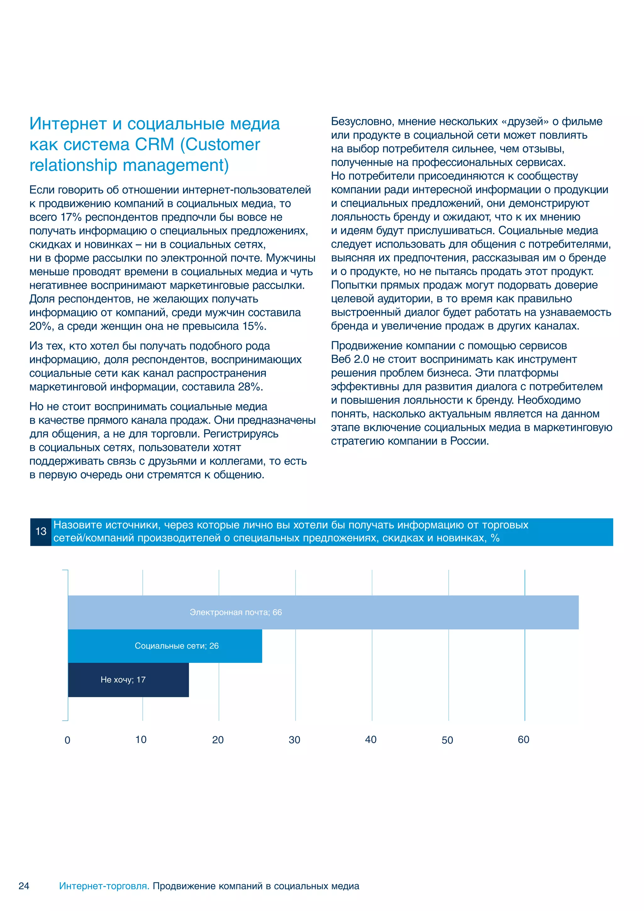 Интернет и социальные медиа                                       Безусловно, мнение нескольких «друзей» о фильме
                                                                   или продукте в социальной сети может повлиять
 как система CRM (Customer                                         на выбор потребителя сильнее, чем отзывы,
 relationship management)                                          полученные на профессиональных сервисах.
                                                                   Но потребители присоединяются к сообществу
 Если говорить об отношении интернет-пользователей                 компании ради интересной информации о продукции
 к продвижению компаний в социальных медиа, то                     и специальных предложений, они демонстрируют
 всего 17% респондентов предпочли бы вовсе не                      лояльность бренду и ожидают, что к их мнению
 получать информацию о специальных предложениях,                   и идеям будут прислушиваться. Социальные медиа
 скидках и новинках – ни в социальных сетях,                       следует использовать для общения с потребителями,
 ни в форме рассылки по электронной почте. Мужчины                 выясняя их предпочтения, рассказывая им о бренде
 меньше проводят времени в социальных медиа и чуть                 и о продукте, но не пытаясь продать этот продукт.
 негативнее воспринимают маркетинговые рассылки.                   Попытки прямых продаж могут подорвать доверие
 Доля респондентов, не желающих получать                           целевой аудитории, в то время как правильно
 информацию от компаний, среди мужчин составила                    выстроенный диалог будет работать на узнаваемость
 20%, а среди женщин она не превысила 15%.                         бренда и увеличение продаж в других каналах.
 Из тех, кто хотел бы получать подобного рода                      Продвижение компании с помощью сервисов
 информацию, доля респондентов, воспринимающих                     Веб 2.0 не стоит воспринимать как инструмент
 социальные сети как канал распространения                         решения проблем бизнеса. Эти платформы
 маркетинговой информации, составила 28%.                          эффективны для развития диалога с потребителем
                                                                   и повышения лояльности к бренду. Необходимо
 Но не стоит воспринимать социальные медиа
                                                                   понять, насколько актуальным является на данном
 в качестве прямого канала продаж. Они предназначены
                                                                   этапе включение социальных медиа в маркетинговую
 для общения, а не для торговли. Регистрируясь
                                                                   стратегию компании в России.
 в социальных сетях, пользователи хотят
 поддерживать связь с друзьями и коллегами, то есть
 в первую очередь они стремятся к общению.



          Назовите источники, через которые лично вы хотели бы получать информацию от торговых
     13
          сетей/компаний производителей о специальных предложениях, скидках и новинках, %




                                      Электронная почта; 66


                          Социальные сети; 26


                  Не хочу; 17




           0              10               20                 30        40            50           60




24        Интернет-торговля. Продвижение компаний в социальных медиа
 