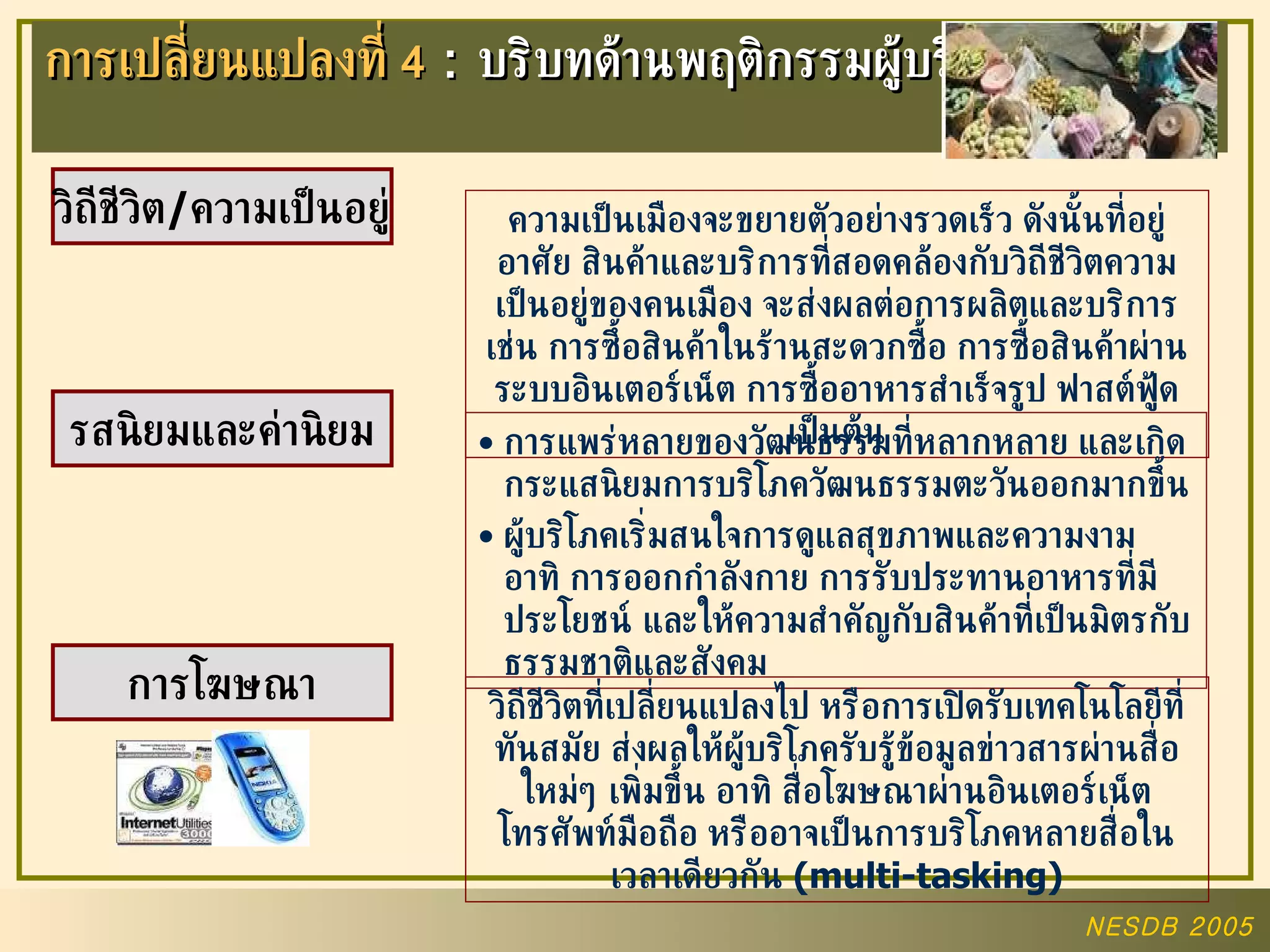 การเปลี่ยนแปลงที่  4  :  บริบทด้านพฤติกรรมผู้บริโภค วิถีชีวิต / ความเป็นอยู่ รสนิยมและค่านิยม การโฆษณา ความเป็นเมืองจะขยายตัวอย่างรวดเร็ว   ดังนั้นที่อยู่อาศัย   สินค้าและบริการที่สอดคล้องกับวิถีชีวิตความเป็นอยู่ของคนเมือง   จะส่งผลต่อการผลิตและบริการ   เช่น   การซึ้อสินค้าในร้านสะดวกซื้อ การซื้อสินค้าผ่านระบบอินเตอร์เน็ต   การซื้ออาหารสำเร็จรูป   ฟาสต์ฟู้ด   เป็นต้น การแพร่หลายของวัฒนธรรมที่หลากหลาย และเกิดกระแสนิยมการบริโภควัฒนธรรมตะวันออกมากขึ้น ผู้บริโภคเริ่มสนใจการดูแลสุขภาพและความงาม   อาทิ การออกกำลังกาย   การรับประทานอาหารที่มีประโยชน์   และให้ความสำคัญกับสินค้าที่เป็นมิตรกับธรรมชาติและสังคม วิถีชีวิตที่เปลี่ยนแปลงไป   หรือการเปิดรับเทคโนโลยีที่ทันสมัย   ส่งผลให้ผู้บริโภครับรู้ข้อมูลข่าวสารผ่านสื่อใหม่ๆ   เพิ่มขึ้น   อาทิ สื่อโฆษณาผ่านอินเตอร์เน็ต โทรศัพท์มือถือ  หรืออาจเป็นการบริโภคหลายสื่อในเวลาเดียวกัน   (multi-tasking) 