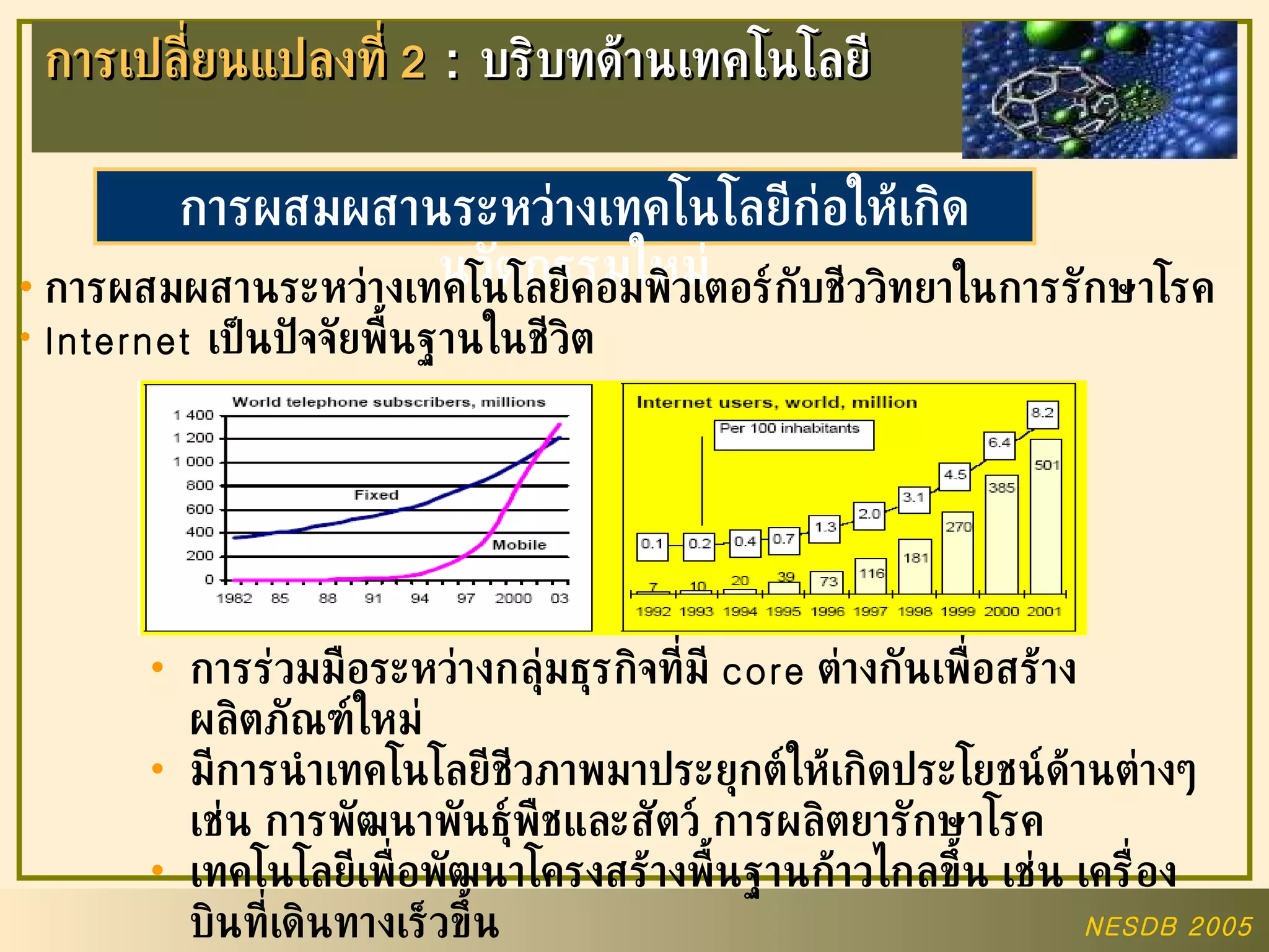 การเปลี่ยนแปลงที่  2   :  บริบทด้านเทคโนโลยี การผสมผสานระหว่างเทคโนโลยีคอมพิวเตอร์กับชีววิทยาในการรักษาโรค Internet  เป็นปัจจัยพื้นฐานในชีวิต การร่วมมือระหว่างกลุ่มธุรกิจที่มี  core   ต่างกันเพื่อสร้างผลิตภัณฑ์ใหม่ มีการนำเทคโนโลยีชีวภาพมาประยุกต์ให้เกิดประโยชน์ด้านต่างๆ  เช่น การพัฒนาพันธุ์พืชและสัตว์ การผลิตยารักษาโรค  เทคโนโลยีเพื่อพัฒนาโครงสร้างพื้นฐานก้าวไกลขึ้น เช่น เครื่องบินที่เดินทางเร็วขึ้น การผสมผสานระหว่างเทคโนโลยีก่อให้เกิดนวัตกรรมใหม่ 