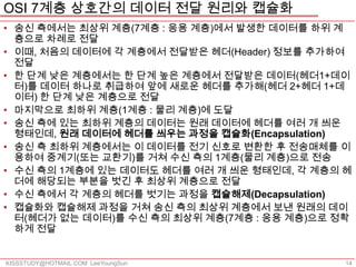 OSI 7계층 상호간의 데이터 전달 원리와 캡슐화
• 송신 측에서는 최상위 계층(7계층 : 응용 계층)에서 발생한 데이터를 하위 계
  층으로 차례로 전달
• 이때, 처음의 데이터에 각 계층에서 전달받은 헤더(Header) 정보를 추가하여
  전달
• 한 단계 낮은 계층에서는 한 단계 높은 계층에서 전달받은 데이터(헤더1+데이
  터)를 데이터 하나로 취급하여 앞에 새로운 헤더를 추가해(헤더 2+헤더 1+데
  이터) 한 단계 낮은 계층으로 전달
• 마지막으로 최하위 계층(1계층 : 물리 계층)에 도달
• 송신 측에 있는 최하위 계층의 데이터는 원래 데이터에 헤더를 여러 개 씌운
  형태인데, 원래 데이터에 헤더를 씌우는 과정을 캡슐화(Encapsulation)
• 송신 측 최하위 계층에서는 이 데이터를 전기 신호로 변환한 후 전송매체를 이
  용하여 중계기(또는 교환기)를 거쳐 수신 측의 1계층(물리 계층)으로 전송
• 수신 측의 1계층에 있는 데이터도 헤더를 여러 개 씌운 형태인데, 각 계층의 헤
  더에 해당되는 부분을 벗긴 후 최상위 계층으로 전달
• 수신 측에서 각 계층의 헤더를 벗기는 과정을 캡슐해제(Decapsulation)
• 캡슐화와 캡슐해제 과정을 거쳐 송신 측의 최상위 계층에서 보낸 원래의 데이
  터(헤더가 없는 데이터)를 수신 측의 최상위 계층(7계층 : 응용 계층)으로 정확
  하게 전달


KISSSTUDY@HOTMAIL.COM LeeYoungSun             14
 