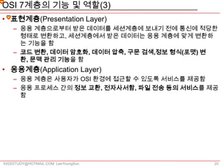 OSI 7계층의 기능 및 역할(3)
• 표현계층(Presentation Layer)
    – 응용 계층으로부터 받은 데이터를 세션계층에 보내기 전에 통신에 적당한
      형태로 변환하고, 세션계층에서 받은 데이터는 응용 계층에 맞게 변환하
      는 기능을 함
    – 코드 변환, 데이터 암호화, 데이터 압축, 구문 검색,정보 형식(포맷) 변
      환, 문맥 관리 기능을 함
• 응용계층(Application Layer)
    – 응용 계층은 사용자가 OSI 환경에 접근할 수 있도록 서비스를 제공함
    – 응용 프로세스 간의 정보 교환, 전자사서함, 파일 전송 등의 서비스를 제공
      함




KISSSTUDY@HOTMAIL.COM LeeYoungSun             20
 