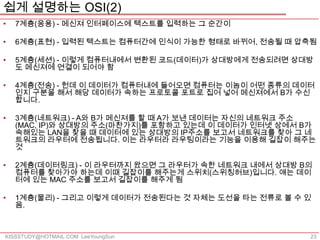 쉽게 설명하는 OSI(2)
•   7계층(응용) - 메신져 인터페이스에 텍스트를 입력하는 그 순간이

•   6계층(표현) - 입력된 텍스트는 컴퓨터간에 인식이 가능한 형태로 바뀌어, 전송될 때 압축됨

•   5계층(세션) - 이렇게 컴퓨터내에서 변환된 코드(데이터)가 상대방에게 전송되려면 상대방
    도 메신져에 연결이 되어야 함

•   4계층(전송) - 헌데 이 데이터가 컴퓨터내에 들어오면 컴퓨터는 이놈이 어떤 종류의 데이터
    인지 구분을 해서 해당 데이터가 속하는 프로토콜 포트로 집어 넣어 메신져에서 B가 수신
    합니다.

•   3계층(네트워크) - A와 B가 메신져를 할 때 A가 보낸 데이터는 자신의 네트워크 주소
    (MAC, IP)와 상대방의 주소(마찬가지)를 포함하고 있는데 이 데이터가 인터넷 상에서 B가
    속해있는 LAN을 찾을 때 데이터에 있는 상대방의 IP주소를 보고서 네트워크를 찾아 그 네
    트워크의 라우터에 전송됩니다. 이는 라우터라 라우팅이라는 기능을 이용해 길잡이 해주는
    것

•   2계층(데이터링크) - 이 라우터까지 왔으면 그 라우터가 속한 네트워크 내에서 상대방 B의
    컴퓨터를 찾아가야 하는데 이때 길잡이를 해주는게 스위치(스위칭허브)입니다. 얘는 데이
    터에 있는 MAC 주소를 보고서 길잡이를 해주게 됨

•   1계층(물리) - 그리고 이렇게 데이터가 전송된다는 것 자체는 도선을 타는 전류로 볼 수 있
    음.



KISSSTUDY@HOTMAIL.COM LeeYoungSun                      23
 