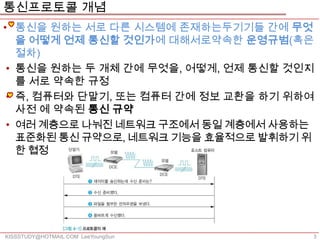 통신프로토콜 개념
• 통신을 원하는 서로 다른 시스템에 존재하는두기기들 간에 무엇
   을 어떻게 언제 통신할 것인가에 대해서로약속한 운영규범(혹은
   절차)
 • 통신을 원하는 두 개체 간에 무엇을, 어떻게, 언제 통신할 것인지
   를 서로 약속한 규정
 • 즉, 컴퓨터와 단말기, 또는 컴퓨터 간에 정보 교환을 하기 위하여
   사전 에 약속된 통신 규약
 • 여러 계층으로 나눠진 네트워크 구조에서 동일 계층에서 사용하는
   표준화된 통신 규약으로, 네트워크 기능을 효율적으로 발휘하기 위
   한 협정




KISSSTUDY@HOTMAIL.COM LeeYoungSun     3
 