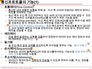 통신프로토콜의 기능(1)
• 흐름제어(Flow Control)
    – 통신망 내의 원활한 흐름을 위해 송 · 수신 측 사이에 전송되는 패킷의 양이나
      속도를 규제하는 기능
    – 송신 측과 수신 측 간의 처리속도 또는 버퍼 크기의 차이에 의해 생길 수 있는
      수신 측 버퍼의 오버플로(Overflow)를 방지하기 위한 기능을 말함
    – 정지-대기(Stop-and-Wait) : 수신 측의 확인 신호(ACK)를 받은 후에 다음 패킷
      을 전송하는 방식, 한번의 하나의 패킷만을 전송시킬 수 있음
    – 슬라이딩 윈도우(Sliding Window) : 수신 측으로부터 확인신호를 받지 않더라
      도 미리 정해진 패킷의 수만큼 연속적으로 전송할 수 있는 방식, 한번에 여러
      패킷을 전송할 수 있음
• 에러제어
    – 전송 중에 발생하는 오류를 검출하여 정정하여 데이터 또는 제어 정보의 파손
      에 대비하는 기능-ARQ
• 동기화
    – 송·수신 측이 같은 상태를 유지하도록 타이밍을 맞추는 기능 –동기.비동기
• 순서제어(Sequencing)
    – 전송되는 데이터 블록(PDU)에 전송 순서를부여하는 기능으로 연결 위주의 데
      이터 전송방식에만 사용됨
• 주소지정(Addressing)
    – 데이터가 목적지까지 정확하게 전송될 수 있도록 목적지 이름, 주소, 경로를
      부여하는 기능

KISSSTUDY@HOTMAIL.COM LeeYoungSun                        6
 