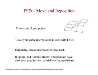 FFD – Move and Reposition


               Move control grid points


              Usually tri-cubic interpolation is used with FFDs


             Originally, Bezier interpolation was used.

             B-spline and Catmull-Romm interpolation have
             also been used (as well as tri-linear interpolation)

© Rick Parent, www.cse.ohio-state.edu/~parent/classes/682/Lectures/L06_Deformations
 