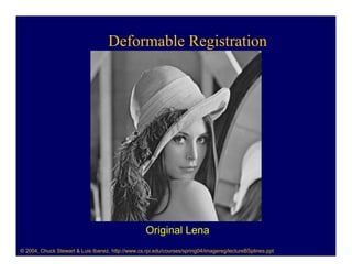 Deformable Registration




                                                   Original Lena
© 2004, Chuck Stewart & Luis Ibanez, http://www.cs.rpi.edu/courses/spring04/imagereg/lectureBSplines.ppt
 
