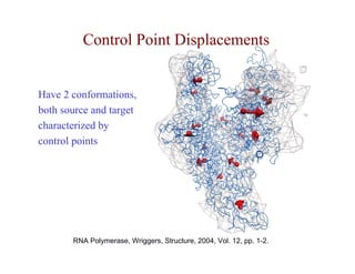 Control Point Displacements


Have 2 conformations,
both source and target
characterized by
control points




       RNA Polymerase, Wriggers, Structure, 2004, Vol. 12, pp. 1-2.
 