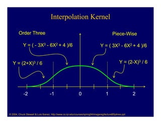 Interpolation Kernel

        Order Three                                                                         Piece-Wise

            Y = ( - 3X3 - 6X2 + 4 )/6                                            Y = ( 3X3 - 6X2 + 4 )/6


   Y = (2+X)3 / 6                                                                                 Y = (2-X)3 / 6




            -2                      -1                        0                       1                    2



© 2004, Chuck Stewart & Luis Ibanez, http://www.cs.rpi.edu/courses/spring04/imagereg/lectureBSplines.ppt
 