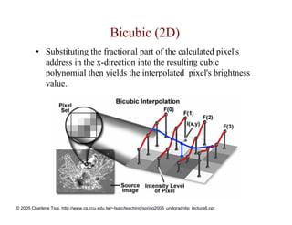 Bicubic (2D)
         • Substituting the fractional part of the calculated pixel's
           address in the x-direction into the resulting cubic
           polynomial then yields the interpolated pixel's brightness
           value.




© 2005 Charlene Tsai, http://www.cs.ccu.edu.tw/~tsaic/teaching/spring2005_undgrad/dip_lecture6.ppt
 