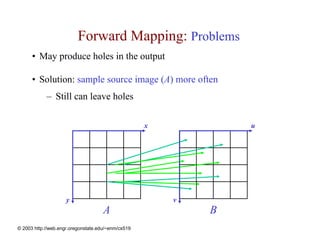 Forward Mapping: Problems
      • May produce holes in the output

      • Solution: sample source image (A) more often
            – Still can leave holes

                                                    x           u




                     y                                  v
                                     A                      B
© 2003 http://web.engr.oregonstate.edu/~enm/cs519
 