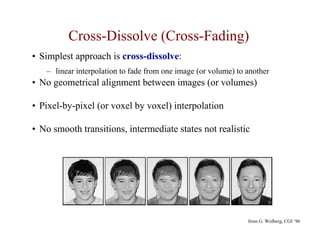 Cross-Dissolve (Cross-Fading)
• Simplest approach is cross-dissolve:
   – linear interpolation to fade from one image (or volume) to another
• No geometrical alignment between images (or volumes)

• Pixel-by-pixel (or voxel by voxel) interpolation

• No smooth transitions, intermediate states not realistic




                                                                from G. Wolberg, CGI ‘96
 
