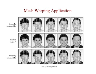 Mesh Warping Application

   Images IS
& meshes MS




    Morphed
    images If




   Images IT
& meshes MS




                        from G. Wolberg, CGI ‘96
 