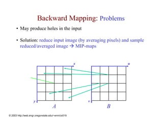 Backward Mapping: Problems
      • May produce holes in the input

      • Solution: reduce input image (by averaging pixels) and sample
        reduced/averaged image MIP-maps


                                                    x           u


        Where did
        it go?




                     y                                  v
                                     A                      B
© 2003 http://web.engr.oregonstate.edu/~enm/cs519
 