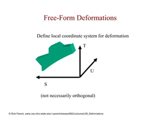 Free-Form Deformations

                        Define local coordinate system for deformation

                                                                 T




                                                                       U

                               S

                            (not necessarily orthogonal)


© Rick Parent, www.cse.ohio-state.edu/~parent/classes/682/Lectures/L06_Deformations
 