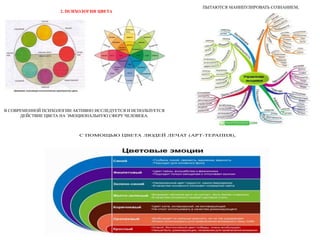 2. ПСИХОЛОГИЯ ЦВЕТА
В СОВРЕМЕННОЙ ПСИХОЛОГИИ АКТИВНО ИССЛЕДУЕТСЯ И ИСПОЛЬЗУЕТСЯ
ДЕЙСТВИЕ ЦВЕТА НА ЭМОЦИОНАЛЬНУЮ СФЕРУ ЧЕЛОВЕКА.
С ПОМОЩЬЮ ЦВЕТА ЛЮДЕЙ ЛЕЧАТ (АРТ-ТЕРАПИЯ),
ПЫТАЮТСЯ МАНИПУЛИРОВАТЬ СОЗНАНИЕМ,
 