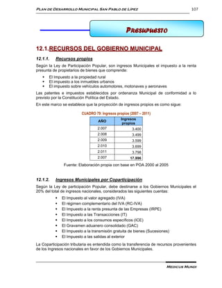 Plan de Desarrollo Municipal San Pablo de Lípez                                       107




                                                   PRESUPUESTO
                                                          12 PRESUPUESTO

12.1.RECURSOS DEL GOBIERNO MUNICIPAL
12.1.1.   Recursos propios
Según la Ley de Participación Popular, son ingresos Municipales el impuesto a la renta
presunta de propietarios de bienes que comprende:
      El Impuesto a la propiedad rural
      El impuesto a los inmuebles urbanos
      El impuesto sobre vehículos automotores, motonaves y aeronaves
Las patentes e impuestos establecidos por ordenanza Municipal de conformidad a lo
previsto por la Constitución Política del Estado.
En este marco se establece que la proyección de ingresos propios es como sigue:

                         CUADRO 79: Ingresos propios (2007 – 2011)
                                                Ingresos
                                  AÑO
                                                 propios
                                  2.007                3.400
                                  2.008                3.499
                                  2.009                3.599
                                  2.010                3.699
                                  2.011                3.798
                                  2.007              17.996
               Fuente: Elaboración propia con base en POA 2000 al 2005


12.1.2.   Ingresos Municipales por Coparticipación
Según la Ley de participación Popular, debe destinarse a los Gobiernos Municipales el
20% del total de ingresos nacionales, considerados las siguientes cuentas:
             El Impuesto al valor agregado (IVA)
             El régimen complementario del IVA (RC-IVA)
             El Impuesto a la renta presunta de las Empresas (IRPE)
             El Impuesto a las Transacciones (IT)
             El Impuesto a los consumos específicos (ICE)
             El Gravamen aduanero consolidado (GAC)
             El Impuesto a la transmisión gratuita de bienes (Sucesiones)
             El Impuesto a las salidas al exterior
La Coparticipación tributaria es entendida como la transferencia de recursos provenientes
de los Ingresos nacionales en favor de los Gobiernos Municipales.



                                                                        Medicus Mundi
 