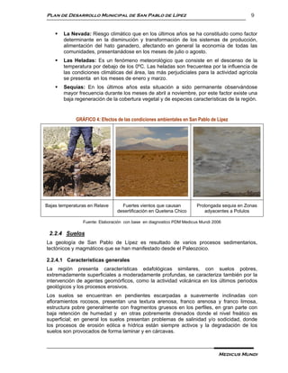 Plan de Desarrollo Municipal de San Pablo de Lípez                                           9


       La Nevada: Riesgo climático que en los últimos años se ha constituido como factor
        determinante en la disminución y transformación de los sistemas de producción,
        alimentación del hato ganadero, afectando en general la economía de todas las
        comunidades, presentanádose en los meses de julio o agosto.
       Las Heladas: Es un fenómeno meteorológico que consiste en el descenso de la
        temperatura por debajo de los 0ºC. Las heladas son frecuentea por la influencia de
        las condiciones climáticas del área, las más perjudiciales para la actividad agrícola
        se presenta en los meses de enero y marzo.
       Sequías: En los últimos años esta situación a sido permanente observándose
        mayor frecuencia durante los meses de abril a noviembre, por este factor existe una
        baja regeneración de la cobertura vegetal y de especies características de la región.


             GRÁFICO 4: Efectos de las condiciones ambientales en San Pablo de Lípez




Bajas temperaturas en Relave      Fuertes vientos que causan          Prolongada sequia en Zonas
                                desertificación en Quetena Chico         adyacentes a Polulos

                Fuente: Elaboración con base en diagnostico PDM Medicus Mundi 2006

 2.2.4 Suelos
La geología de San Pablo de Lípez es resultado de varios procesos sedimentarios,
tectónicos y magmáticos que se han manifestado desde el Paleozoico.

2.2.4.1 Características generales
La región presenta características edafológicas similares, con suelos pobres,
extremadamente superficiales a moderadamente profundas, se caracteriza también por la
intervención de agentes geomórficos, como la actividad volcánica en los últimos periodos
geológicos y los procesos erosivos.
Los suelos se encuentran en pendientes escarpadas a suavemente inclinadas con
afloramientos rocosos, presentan una textura arenosa, franco arenosa y franco limosa,
estructura pobre generalmente con fragmentos gruesos en los perfiles, en gran parte con
baja retención de humedad y en otras pobremente drenados donde el nivel freático es
superficial; en general los suelos presentan problemas de salinidad y/o sodicidad, donde
los procesos de erosión eólica e hídrica están siempre activos y la degradación de los
suelos son provocados de forma laminar y en cárcavas.



                                                                                Medicus Mundi
 