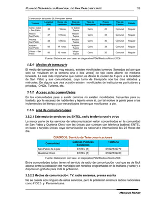 Plan de Desarrollo Municipal de San Pablo de Lípez                                                            39


   Continuación del cuadro 29, Principales tramos
                   Longitud      Horas de       Ruta de         Tipo de      Precio      Tipo de
     Tramos                                                                                         Estado
                     (Km)        caminata      Movilidad      Transporte   Bs/pasajero   Camino
   Santa Isabel                                 S. Isabel-
                      38          7 Horas                       Carro          25        Comunal    Regular
   – San Pablo                                   Tupiza
   Relave    –                                      Relave-
                      27          6 Horas                       Carro          35        Comunal    Regular
   San Pablo                                        Tupiza
   Polulos   –                                  Polulos-
                      25          5 Horas                       Carro          30        Comunal    Regular
   San Pablo                                    Tupiza
   Kollpani  –                                  Kollpani-
                      65         14 Horas                       Carro          38        Comunal    Regular
   San Pablo                                     Tupiza
   Viluyo – San                                     Viluyo-
                      60         12 Horas                       Carro          20        Comunal    Regular
   Pablo                                            Tupiza

                    Fuente: Elaboración con base en diagnostico PDM Medicus Mundi 2006

 1.5.4 Medios de transporte
El medio de transporte es muy escaso, existen movilidades turneros (llamados así por que
solo se movilizan en la semana una o dos veces) de tipo carro abierto de mediana
tonelada. La ruta más importante que cubren es desde la ciudad de Tupiza a la localidad
de San Pablo y sus comunidades, cuyo turno de transporte son los días sábados y
miércoles; En alguna que otra ocasión existen movilidades de instituciones particulares y
privadas, ONGs, Turismo, etc.

 3.5.2 Acceso a las comunidades
En las comunidades pese a existir caminos no existen movilidades frecuentes para su
traslado, por la escasez de habitantes y lejanía entre si, por tal motivo la gente pese a las
inclemencias del tiempo y por necesidades tienen que movilizarse a pie.

 1.5.5 Red de comunicaciones

3.5.2.1 Existencia de servicios de: ENTEL, radio telefonía rural y otros
La mayor parte de los servicios de telecomunicación están concentrados en la comunidad
de San Pablo y Quetena Chico son las únicas que cuentan con telefonía (cabina) ENTEL
en base a tarjetas únicas cuya comunicación es nacional e internacional las 24 Horas del
día.

                              CUADRO 30: Servicio de Telecomunicaciones
                                                    Cabinas Publicas                Teléfono
                    Comunidad
                                                       Existentes
            San Pablo de Lípez                          ENTEL (1)               01022139779
            Quetena Chico                               ENTEL (1)               01022139780
                    Fuente: Elaboración con base en diagnostico PDM Medicus Mundi 2006

Entre comunidades todas tienen el servicio de radio de comunicación rural que es de fácil
acceso entre la población del municipio con horarios programados en la mañana y tarde y a
disposición gratuita para toda la población.

3.5.2.2 Medios de comunicación: TV, radio emisoras, prensa escrita
No se cuenta con ninguno de estos servicios, pero la población sintoniza radios nacionales
como FIDES y Panamericana.


                                                                                               Medicus Mundi
 