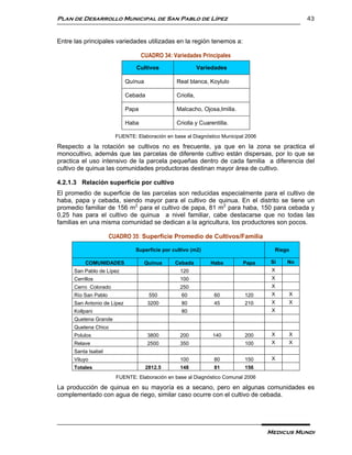 Plan de Desarrollo Municipal de San Pablo de Lípez                                             43


Entre las principales variedades utilizadas en la región tenemos a:

                                    CUADRO 34: Variedades Principales
                                Cultivos                    Variedades

                             Quínua              Real blanca, Koylulo

                             Cebada              Criolla,

                             Papa                Malcacho, Ojosa,Imilla.

                             Haba                Criolla y Cuarentilla.

                        FUENTE: Elaboración en base al Diagnóstico Municipal 2006

Respecto a la rotación se cultivos no es frecuente, ya que en la zona se practica el
monocultivo, además que las parcelas de diferente cultivo están dispersas, por lo que se
practica el uso intensivo de la parcela pequeñas dentro de cada familia a diferencia del
cultivo de quinua las comunidades productoras destinan mayor área de cultivo.

4.2.1.3 Relación superficie por cultivo
El promedio de superficie de las parcelas son reducidas especialmente para el cultivo de
haba, papa y cebada, siendo mayor para el cultivo de quinua. En el distrito se tiene un
promedio familiar de 156 m2 para el cultivo de papa, 81 m2 para haba, 150 para cebada y
0,25 has para el cultivo de quinua a nivel familiar, cabe destacarse que no todas las
familias en una misma comunidad se dedican a la agricultura, los productores son pocos.

                      CUADRO 35: Superficie Promedio de Cultivos/Familia

                                Superficie por cultivo (m2)                           Riego

           COMUNIDADES                Quínua    Cebada          Haba       Papa      Si   No
      San Pablo de Lípez                          120                                X
      Cerrillos                                   100                                X
      Cerro Colorado                              250                                X
      Río San Pablo                    550         60            60         120      X    X
      San Antonio de Lípez             3200        80            45         210      X    X
      Kollpani                                     80                                X
      Quetena Grande
      Quetena Chico
      Polulos                          3800       200            140        200      X    X
      Relave                           2500       350                       100      X    X
      Santa Isabel
      Viluyo                                      100            80         150      X
      Totales                         2812.5      148            81         156
                        FUENTE: Elaboración en base al Diagnóstico Comunal 2006

La producción de quinua en su mayoría es a secano, pero en algunas comunidades es
complementado con agua de riego, similar caso ocurre con el cultivo de cebada.




                                                                                    Medicus Mundi
 