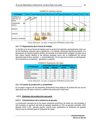 Plan de Desarrollo Municipal de San Pablo de Lípez                                                     46


                                             CUADRO 40: Calendario agrícola
    Actividades         Enero   Febrero Marzo Abril Mayo Junio Julio Agosto Septiembre     Octubre   Nov.        Dic.
Habilitación o
desth’ole de
tierras
Preparación       del
terreno

Siembra


Cosecha


Secado y venteado

                          Fuente: Elaboración con base en diagnostico PDM Medicus Mundi 2006

     4.2.1.11 Organización de la fuerza de trabajo
     La familia es la única fuerza de trabajo para la producción agrícola, generalmente cada uno
     de los familiares adquiere gran importancia, y su aporte contribuye significativamente a la
     generación de ingresos para la familia; de acuerdo a la información recogida, el padre es el
     que mayor tiempo destina a las labores pesadas como ser la habilitación de tierras
     agrícolas (des th’ole), siembra y comercialización. En el caso de la madre su participación
     se incrementa en la siembra, deshierbe y cosecha.

                                         CUADRO 41: Organización del trabajo
                                                 PARTICIPACIÓN DE LOS MIEMBROS EN (%)
                          ACTIVIDADES
                                                 PADRE     MADRE     HIJOS   TOTAL
                    Habilitación de tierra         85        10        5       100
                    Siembra                        50        40        10      100
                    Labores culturales             50        40        10      100
                    Cosecha                        40        40        20      100
                    Comercialización               90        10        0       100
                          Fuente: Elaboración con base en diagnostico PDM Medicus Mundi 2006

     4.2.1.12 Costos de producción y rentabilidad
     En la región ninguno de los pequeños productores hace balance de producción por que la
     agricultura es solo para consumo y sistema de producción tradicional.



       4.2.2 Sistemas de producción pecuaria

     4.2.2.1 Características de la existencia de ganado
     La producción pecuaria es la de mayor potencial económico de todas las comunidades y
     del municipio en general; del total de ganado existente el 72% es ganado camélido, 22%
     ganado ovino y 6% ganado caprino, siendo poco significativa la existencia de ganado
     equino que es utilizado para el transporte de carga.



                                                                                          Medicus Mundi
 
