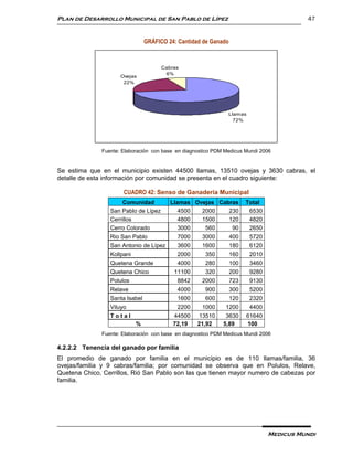 Plan de Desarrollo Municipal de San Pablo de Lípez                                       47


                                GRÁFICO 24: Cantidad de Ganado



                                      Cabras
                                       6%
                     Ovejas
                      22%




                                                               Llamas
                                                                 72%




              Fuente: Elaboración con base en diagnostico PDM Medicus Mundi 2006


Se estima que en el municipio existen 44500 llamas, 13510 ovejas y 3630 cabras, el
detalle de esta información por comunidad se presenta en el cuadro siguiente:

                      CUADRO 42: Senso de Ganadería Municipal
                      Comunidad          Llamas Ovejas Cabras          Total
                 San Pablo de Lípez         4500  2000    230           6530
                 Cerrillos                  4800  1500    120           4820
                 Cerro Colorado             3000   560     90           2650
                 Rio San Pablo             7000      3000        400    5720
                 San Antonio de Lípez      3600      1600        180    6120
                 Kollpani                  2000       350        160    2010
                 Quetena Grande            4000       280        100    3460
                 Quetena Chico            11100       320        200    9280
                 Polulos                   8842      2000        723    9130
                 Relave                    4000       900        300    5200
                 Santa Isabel              1600       600        120    2320
                 Viluyo                    2200      1000     1200      4400
                 Total                    44500    13510      3630     61640
                            %             72,19    21,92     5,89      100
              Fuente: Elaboración con base en diagnostico PDM Medicus Mundi 2006

4.2.2.2 Tenencia del ganado por familia
El promedio de ganado por familia en el municipio es de 110 llamas/familia, 36
ovejas/familia y 9 cabras/familia; por comunidad se observa que en Polulos, Relave,
Quetena Chico, Cerrillos, Rió San Pablo son las que tienen mayor numero de cabezas por
familia.




                                                                               Medicus Mundi
 