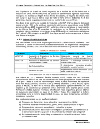 Plan de Desarrollo Municipal de San Pablo de Lípez                                             58


Hito Cajones es un puesto de control migratorio en la frontera del sur de Bolivia con la
república de Chile. Desde este punto los coches de determinadas agencias operadoras,
recogen a los turistas que llegan de San Pedro de Atacama, la mayoría de estos turistas
son europeos que llegan a Bolivia luego de visitar el norte chileno; dedicando 4 a 5 días
para visitar el país, seguidos principalmente por su interés de conocer Uyuni.
Con base a los registros de ingreso de visitantes en la REA (ingreso Laguna Colorada),
desde junio de 1996, se ha tenido un crecimiento relativamente sostenido de cerca de 500
por ciento. El año 2005 ingresaron 51271 visitantes, cifra que constituye el mayor registro
en los últimos diez años. El porcentaje de crecimiento en los últimos diez años no ha
registrado valores negativos; sin embargo, el año 2004 registro el crecimiento mas bajo que
llegó sólo al 3,09% respecto al año 2003. Los datos son suficientes para mostrar el interés
que despierta la región.

 4.3.5 Organizaciones turísticas
Las comunidades donde existe mayor flujo turístico son Quetena Grande y Quetena Chico
cuenta en la capital con infraestructura hotelera compuesta por alojamientos y hospedajes
comunales y privados, cada uno de ellos con buena infraestructura y servicios básicos.

                             CUADRO 51: Infraestructura Turística
  NOMBRE                     COMUNIDAD                               INFRAESTRUCTURA
APSETUR        Asociación de Prestadores de Servicios      Alojamiento      comunal       de    buena
               Turismo Quetena Chico.                      infraestructura, mobiliario y equipamiento.
APSETUR        Asociación de Prestadores de Servicios      Balneario   y Hospedaje Comunal de
               Turismo Quetena Grande.                     buenas condiciones.
                                                           3 alojamientos      comunales privados,
               San Antonio de Lípez
                                                           contados los servicios básicos.
                                                           Alojamiento de buenas condiciones y con
               San Pablo de Lípez
                                                           todos los servicios básicos.
               Fuente: Elaboración con base en diagnostico PDM Medicus Mundi 2006

Fue creada en 1973, mediante decreto supremo 11239, cuenta con una extensión
aproximada de 817.455 ha y se encuentra entre las áreas protegidas de mayor extensión
en el país. Desde el punto de vista ecológico cuenta 4 pisos altitudinales de vegetación
nival mas de (5000msnm), sub nival (4700 y 5000m), altoandino (4100 a 4700m) y puna
(3500 a 4100m). la flora de la reserva esta representada aproximadamente por 190
especies y se caracterizan po presentar formas diferentes como cojines, placas duras,
formas arrosetadas, cubiertas resinosas, arbustos con hojas pequeñas y gruesas además
de suculencia (acumulación de agua en los tallos y hojas) Que responden a factores
ambientales como la mínima disponibilidad de agua, las bajas temperaturas salinidad y
escasez de nutrientes.
Los objetivos generales con los que fue creado son:
   a) Proteger a los flamencos y fauna altoandina y sus respectivos hábitat
   b) Conservar especies como la queñua, yareta, thola y otras típicas de la región.
   c) Proteger el rico patrimonio arqueológico y cultural de la región.
   d) Desarrollar actividades de educación investigación y ecoturismo que contribuyan a
      la conservación del área y apoyen al desarrollo de la población local y regional.
   e) Promover el desarrollo sostenible y el mejoramiento de la calidad de vida de los
      pobladores locales.


                                                                               Medicus Mundi
 