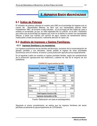 Plan de Desarrollo Municipal de San Pablo de Lípez                                       67




                                 2. ASPECTOS SOCIO ECONÓMICOS
                                       6 ASPECTOS SOCIO ECOMICOS


6.1 Índice de Pobreza
El indicador de pobreza utilizado en nuestro país (INE) es el porcentaje de hogares que no
cubren las     Necesidades Básicas, es decir que sus necesidades básicas están
Insatisfechas “NBI”, de acuerdo a este indicador, en el municipio de San Pablo de Lípez a
existido un aumentado, ya que en 1992 registraba 99,1% a 99,8% en el 2001. Parámetro
que indica que el porcentaje de hogares que viven en el distrito no cubren sus necesidades
básicas, a pesar que cuentan con servicio de agua, carecen de saneamiento básico,
inadecuados niveles de educación, ineficiente atención en salud, etc.

6.2 Análisis de Ingresos y Gastos Familiares.
 6.2.1 Ingresos familiares y no monetarios.
Los ingresos económicos de las familias del Municipio, provienen de la comercialización de
ganado camélido y sus derivados; siendo posible el ingreso de otras actividades
económicas como la minería, el turismo y poca producción agrícola quínua especialmente.
En el siguiente cuadro se muestra un ingreso promedio familiar, según las características
de la producción agropecuaria tipo tradicional y sistema de vida de la mayoría de sus
pobladores.

                              CUADRO 58: Ingreso familiar por Año
                                                          Precio      Precio
                                           Cantidad
                Producto/año Unidad                       Unitario     Total
                                           Por año
                                                            Bs.         Bs.
                                           Pecuaria
                Llamas           Cabezas              7         330      2310
                Ovino            Cabezas              2         120       240
                Cabras           Cabezas              2         100       200
                                            Otros
                Oro              gramos               1         120       120
                Emigración                                               4500
                Otros
                             Total Ingreso Anual en Bs.                  7370
                           Ingresos mensuales en Bs.                      615

                      Fuente: Elaboración con base al autodiagnóstico


Siguiendo el mismo procedimiento, se estima que los ingresos familiares del sector
percibido anualmente es aproximadamente de 7370 Bs/año.




                                                                               Medicus Mundi
 