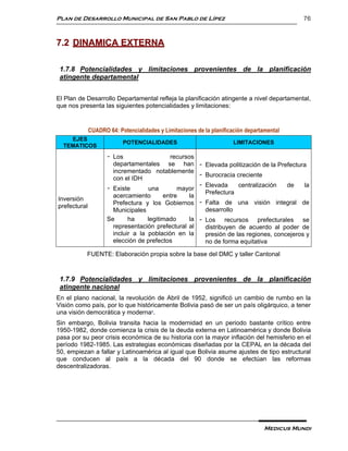 Plan de Desarrollo Municipal de San Pablo de Lípez                                           76



7.2 DINAMICA EXTERNA

 1.7.8 Potencialidades y limitaciones provenientes de la planificación
 atingente departamental


El Plan de Desarrollo Departamental refleja la planificación atingente a nivel departamental,
que nos presenta las siguientes potencialidades y limitaciones:


              CUADRO 64: Potencialidades y Limitaciones de la planificación departamental
    EJES
                           POTENCIALIDADES                            LIMITACIONES
  TEMATICOS
                     - Los                  recursos
                       departamentales se han - Elevada politización de la Prefectura
                       incrementado notablemente
                                                      - Burocracia creciente
                       con el IDH
                                                      - Elevada     centralización   de    la
                     - Existe       una        mayor
                                                        Prefectura
                       acercamiento       entre   la
Inversión
                       Prefectura y los Gobiernos - Falta de una visión integral de
prefectural
                       Municipales                      desarrollo
                     Se      ha     legitimado     la - Los recursos prefecturales se
                       representación prefectural al    distribuyen de acuerdo al poder de
                       incluir a la población en la     presión de las regiones, concejeros y
                       elección de prefectos            no de forma equitativa

           FUENTE: Elaboración propia sobre la base del DMC y taller Cantonal



 1.7.9 Potencialidades y limitaciones provenientes de la planificación
 atingente nacional
En el plano nacional, la revolución de Abril de 1952, significó un cambio de rumbo en la
Visión como país, por lo que históricamente Bolivia pasó de ser un país oligárquico, a tener
una visión democrática y moderna4.
Sin embargo, Bolivia transita hacia la modernidad en un periodo bastante crítico entre
1950-1982, donde comienza la crisis de la deuda externa en Latinoamérica y donde Bolivia
pasa por su peor crisis económica de su historia con la mayor inflación del hemisferio en el
período 1982-1985. Las estrategias económicas diseñadas por la CEPAL en la década del
50, empiezan a fallar y Latinoamérica al igual que Bolivia asume ajustes de tipo estructural
que conducen al país a la década del 90 donde se efectúan las reformas
descentralizadoras.




                                                                                   Medicus Mundi
 