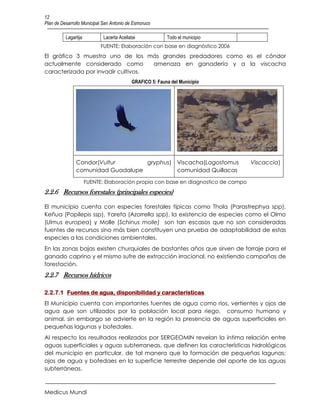 12
Plan de Desarrollo Municipal San Antonio de Esmoruco

          Lagartija          Lacerta Acellatai             Todo el municipio
                            FUENTE: Elaboración con base en diagnóstico 2006
El gráfico 3 muestra uno de los más grandes predadores como es el cóndor
actualmente considerado como        amenaza en ganadería y a la viscacha
caracterizada por invadir cultivos.
                                            GRAFICO 5: Fauna del Municipio




               Condor(Vultur       gryphus) Viscacha(Lagostomus                     Viscaccia)
               comunidad Guadalupe          comunidad Quillacas

                      FUENTE: Elaboración propia con base en diagnostico de campo
2.2.6 Recursos forestales (principales especies)

El municipio cuenta con especies forestales típicas como Thola (Parastrephya spp),
Keñua (Popilepis ssp), Yareta (Azorrella spp), la existencia de especies como el Olmo
(Ulmus europea) y Molle (Schinus molle) son tan escasos que no son consideradas
fuentes de recursos sino más bien constituyen una prueba de adaptabilidad de estas
especies a las condiciones ambientales.
En las zonas bajas existen churquiales de bastantes años que sirven de forraje para el
ganado caprino y el mismo sufre de extracción irracional, no existiendo campañas de
forestación.
2.2.7 Recursos hídricos

2.2.7.1 Fuentes de agua, disponibilidad y características
El Municipio cuenta con importantes fuentes de agua como ríos, vertientes y ojos de
agua que son utilizados por la población local para riego, consumo humano y
animal, sin embargo se advierte en la región la presencia de aguas superficiales en
pequeñas lagunas y bofedales.
Al respecto los resultados realizados por SERGEOMIN revelan la íntima relación entre
aguas superficiales y aguas subterraneas, que definen las características hidrológicas
del municipio en particular, de tal manera que la formación de pequeñas lagunas;
ojos de agua y bofedaes en la superficie terrestre depende del aporte de las aguas
subterráneas.



Medicus Mundi
 