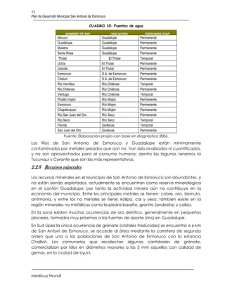 13
Plan de Desarrollo Municipal San Antonio de Esmoruco

                                        CUADRO 10: Fuentes de agua

                        NOMBRE DE RIO                   UBICACIÓN      DISPONIBILIDAD
                  Moruco                         Guadalupe          Permanente
                  Guadalupe                      Guadalupe          Permanente
                  Mulatos                        Guadalupe          Permanente
                  Santa Rosa                     Guadalupe          Permanente
                  Tholar                              El Tholar     Temporal
                  Uchía                          El Tholar          Permanente
                  Grande                         El Tholar          Permanente
                  Esmoruco                       S.A. de Esmoruco   Permanente
                  Chalviri                       S.A. de Esmoruco   Permanente
                  Rio Hornillos                  Río Chilenas       Temporal
                  Rio Chilenas                   Río Chilenas       Permanente
                  Verdugo                        Río Chilenas       Temporal
                  Picalto mojón                  Río Mojon          Permanente
                  Esmoruco                       Río Mojon          Permanente
                  Chajrahuayco                   Río Mojón          Permanente
                  Río San Juan del Oro           Río Seco           Permanente
                  Río Seco                       Río Seco           Temporal
                  Florida                        Quillacas          Temporal
                  San Juan del Oro               Quillacas          Permanente
                      Fuente: Elaboración propia con base en diagnóstico 2006.
Los Ríos de San Antonio de Esmoruco y Guadalupe están mínimamente
contaminados por metales pesados que aún no han sido analizados ni cuantificados,
y no son aprovechados para el consumo humano; dentro las lagunas tenemos la
Tucunqui y Corante que son las más representativas.
2.2.8 Recursos minerales

Los recursos minerales en el Municipio de San Antonio de Esmoruco son abundantes, y
no están siendo explotados, actualmente se encuentran como reserva mineralógica
en el cantón Guadalupe; por tanto la actividad minera aún no contribuye en la
economía del municipio. Entre los principales metales se tienen: cobre, oro, bismuto,
antimonio, y entre los no metales se tiene: kollpa, cal y yeso; tambien existe en la
región minerales no metálicos como la piedra basalto, granito (andesita) y caliza.
En la zona existen muchas ocurrencias de oro detrítico, generalmente en pequeños
placeres, formados muy próximos a las fuentes de aporte (ríos) en Guadalupe.
En Sud Lípez la única ocurrencia de gránate (cristales traslúcidas) se encuentra a 6 km
de San Antoni de Esmoruco, se accede al área mediante la carretera de segundo
orden que una a las poblaciones de San Antonio de Esmoruco con la estancia
Challviri. Los comunarios que recolectan algunas cantidades de gránate,
comercializan por kilos en diámetros mayores a los 5 mm aquellos con calidad de
gemas, en la ciudad de Uyuni.




Medicus Mundi
 