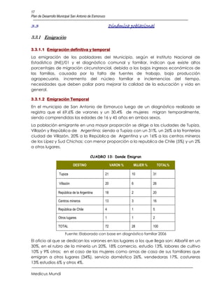 17
Plan de Desarrollo Municipal San Antonio de Esmoruco

3.3                                                        Dinámica poblacional

3.3.1 Emigración

3.3.1.1 Emigración definitiva y temporal
La emigración de los pobladores del Municipio, según el Instituto Nacional de
Estadística (INE)/01 y el diagnóstico comunal y familiar, indican que existe altos
porcentajes de migración circunstancial, debida a los bajos ingresos económicos de
las familias, causada por la falta de fuentes de trabajo, baja producción
agropecuaria, incremento del núcleo familiar e inclemencias del tiempo,
necesidades que deben paliar para mejorar la calidad de la educación y vida en
general.

3.3.1.2 Emigración Temporal
En el municipio de San Antonio de Esmoruco luego de un diagnóstico realizado se
registra que el 69.6% de varones y un 30.4% de mujeres migran temporalmente,
siendo comprendidas las edades de 16 y 45 años en ambos sexos.
La población emigrante en una mayor proporción se dirige a las ciudades de Tupiza,
Villazón y República de Argentina; siendo a Tupiza con un 31%, un 26% a la fronteriza
ciudad de Villazón, 20% a la República de Argentina y un 16% a los centros mineros
de los Lípez y Sud Chichas; con menor proporción a la republica de Chile (5%) y un 2%
a otros lugares.

                                          CUADRO 13: Donde Emigran

                              DESTINO                       VARON %       MUJER %        TOTAL%

                   Tupiza                              21             10            31

                   Villazón                            20             6             26

                   República de la Argentina           18             2             20

                   Centros mineros                     13             3             16

                   República de Chile                  4              1             5

                   Otros lugares                       1              1             2

                   TOTAL                               72             28            100

                       Fuente: Elaborado con base en diagnóstico familiar 2006
El oficio al que se dedican los varones en los lugares a los que llega son: Albañil en un
30%, en el rubro de la minería un 20%, 18% comercio, estudio 13%, labores de cultivo
10% y 9% otros; en el caso de las mujeres como amas de casa de sus familiares que
emigran a otros lugares (34%), servicio doméstico 26%, vendedoras 17%, costureras
13% estudios 6% y otros 4%.

Medicus Mundi
 
