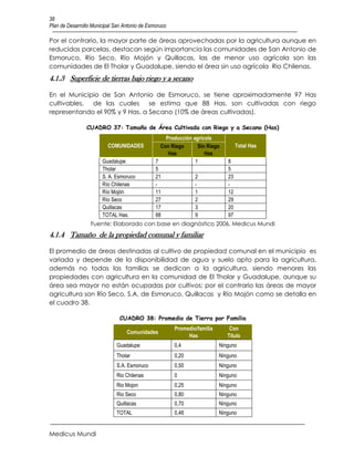 38
Plan de Desarrollo Municipal San Antonio de Esmoruco

Por el contrario, la mayor parte de áreas aprovechadas por la agricultura aunque en
reducidas parcelas, destacan según importancia las comunidades de San Antonio de
Esmoruco, Río Seco, Río Mojón y Quillacas, las de menor uso agrícola son las
comunidades de El Tholar y Guadalupe, siendo el área sin uso agrícola Rio Chilenas.
4.1.3 Superficie de tierras bajo riego y a secano

En el Municipio de San Antonio de Esmoruco, se tiene aproximadamente 97 Has
cultivables, de las cuales se estima que 88 Has. son cultivadas con riego
representando el 90% y 9 Has. a Secano (10% de áreas cultivadas).

                CUADRO 37: Tamaño de Área Cultivada con Riego y a Secano (Has)
                                                   Producción agrícola
                          COMUNIDADES            Con Riego       Sin Riego        Total Has
                                                    Has             Has
                       Guadalupe               7               1             8
                       Tholar                  5                             5
                       S. A. Esmoruco          21              2             23
                       Río Chilenas            -               -             -
                       Río Mojón               11              1             12
                       Río Seco                27              2             29
                       Quillacas               17              3             20
                       TOTAL Has.              88              9             97
                  Fuente: Elaborado con base en diagnóstico 2006, Medicus Mundi
4.1.4 Tamaño de la propiedad comunal y familiar

El promedio de áreas destinadas al cultivo de propiedad comunal en el municipio es
variada y depende de la disponibilidad de agua y suelo apto para la agricultura,
además no todas las familias se dedican a la agricultura, siendo menores las
propiedades con agricultura en la comunidad de El Tholar y Guadalupe, aunque su
área sea mayor no están ocupadas por cultivos; por el contrario las áreas de mayor
agricultura son Río Seco, S.A. de Esmoruco, Quillacas y Río Mojón como se detalla en
el cuadro 38.

                               CUADRO 38: Promedio de Tierra por Familia
                                                       Promedio/familia       Con
                                  Comunidades
                                                            Has              Título
                              Guadalupe                0,4                Ninguno
                              Tholar                   0,20               Ninguno
                              S.A. Esmoruco            0,50               Ninguno
                              Rio Chilenas             0                  Ninguno
                              Rio Mojon                0,25               Ninguno
                              Rio Seco                 0,80               Ninguno
                              Quillacas                0,70               Ninguno
                              TOTAL                    0,48               Ninguno


Medicus Mundi
 