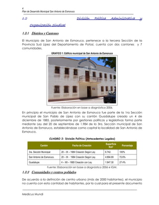 4
Plan de Desarrollo Municipal San Antonio de Esmoruco

1.2                                                    División            Política       Administrativa          y
       Organización Sindical

1.2.1 Distritos y Cantones

El Municipio de San Antonio de Esmoruco, pertenece a la tercera Sección de la
Provincia Sud Lipez del Departamento de Potosí, cuenta con dos cantones y 7
comunidades.
                               GRAFICO 1: Edificio municipal de San Antonio de Esmoruco




                               Fuente: Elaboración en base a diagnóstico 2006.
En principio el municipio de San Antonio de Esmoruco fue parte de la 1ra Sección
municipal de San Pablo de Lípez con su cantón Guadalupe creado un 4 de
diciembre de 1885, posteriormente por gestiones políticas y legislativas forma parte
mediante Ley del 20 de septiembre de 1.984 de la 3ra. Sección municipal de San
Antonio de Esmoruco, estableciéndose como capital la localidad de San Antonio de
Esmoruco.

                            CUADRO 2: División Política (Antecedentes Legales)

                                                                                      Superficie
                   Cantón                          Fecha de Creación                                 Porcentaje
                                                                                        Km2
      3ra. Sección Municipal            20 – IX – 1984 Creación Según Ley.        6.742.           100%
      San Antonio de Esmoruco.          20 – IX - 1984 Creación Según Ley.        4.894.69         72.6%

      Guadalupe.                        4 – XII – 1885 Creación con Ley.          1.847.30         27.4%
                        Fuente: Elaboración en base a diagnóstico 2006 e IGM.
1.2.2 Comunidades y centros poblados

De acuerdo a la definición de centro urbano (más de 2000 habitantes), el municipio
no cuenta con esta cantidad de habitantes, por lo cual para el presente documento


Medicus Mundi
 