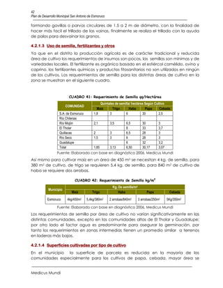 42
Plan de Desarrollo Municipal San Antonio de Esmoruco

formando gavillas o parvas circulares de 1.5 a 2 m de diámetro, con la finalidad de
hacer más facil el trillado de las vainas, finalmente se realiza el trillado con la ayuda
de palos para desvainar los granos.

4.2.1.3 Uso de semilla, fertilizantes y otros
Ya que en el distrito la producción agrícola es de carácter tradicional y reducida
área de cultivo los requerimientos de insumos son pocos, las semillas son mínimas y de
variedades locales. El fertilizante es orgánico basado en el estiércol camélido, ovino y
caprino, los fertilizantes químicos y productos fitosanitarios no son utilizados en ningún
de los cultivos. Los requerimientos de semilla para las distintas áreas de cultivo en la
zona se muestran en el siguiente cuadro.



                          CUADRO 41: Requerimiento de Semilla qq/Hectárea
                                                Quintales de semilla/ hectárea Según Cultivo
                        COMUNIDAD
                                              Maíz      Trigo       Haba       Papa     Cebada
                    S.A. de Esmoruco        1,8       3          6           30         2,5
                    Río Chilenas
                    Río Mojón               2,1        3,5          6,5           30         3
                    El Tholar                                       8             33         3,7
                    Quillacas               2          3            6,5           28         3
                    Río Seco                1,5        3            6             28         3
                    Guadalupe                                       6             32         3,2
                    Total                   1,85       3,13         6,50          30,17      3,07
                  Fuente: Elaborado con base en diagnóstico 2006, Medicus Mundi
Así mismo para cultivar maíz en un área de 450 m2 se necesitan 4 kg. de semilla, para
380 m2 de cultivo, de trigo se requieren 5,4 kg. de semilla, para 840 m2 de cultivo de
haba se requiere dos arrobas.

                               CUADRO 42: Requerimiento de Semilla kg/m2
                                                           Kg. De semilla/m2
            Municipio
                            Maíz           Trigo               Haba                 Papa             Cebada
           Esmoruco      4kg/450m2     5,4kg/380m2     2 arrobas/840m2         3 arrobas/250m2      5Kg/350m2

                  Fuente: Elaborado con base en diagnóstico 2006, Medicus Mundi
Los requerimientos de semilla por área de cultivo no varían significativamente en las
distintas comunidades, excepto en las comunidades altas de El Tholar y Guadalupe;
por otro lado el factor agua es predominante para asegurar la germinación, por
tanto los requerimientos en zonas intermedias tienen un promedio similar a terrenos
en laderas más bajas.

4.2.1.4 Superficies cultivadas por tipo de cultivo
En el municipio la superficie de parcela es reducida en la mayoría de las
comunidades especialmente para los cultivos de papa, cebada, mayor área se


Medicus Mundi
 
