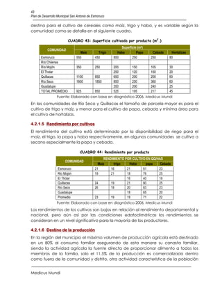 43
Plan de Desarrollo Municipal San Antonio de Esmoruco

destina para el cultivo de cereales como maíz, trigo y haba, y es variable según la
comunidad como se detalla en el siguiente cuadro.

                          CUADRO 43: Superficie cultivada por producto (m2.)
                                                           Superficie (m2)
           COMUNIDAD
                                  Maíz         Trigo     Haba        Papa     Cebada    Hortalizas
       Esmoruco                 550          450       850        250        250       80
       Río Chilenas
       Río Mojón                350          250       200        150        105       30
       El Tholar                                       250        120        150       20
       Quillacas                1100         850       650        200        200       60
       Río Seco                 1600         1850      850        250        360       60
       Guadalupe                                       350        200        240       25
       TOTAL PROMEDIO           925          850       525        195        217       45
                  Fuente: Elaborado con base en diagnóstico 2006, Medicus Mundi
En las comunidades de Río Seco y Quillacas el tamaño de parcela mayor es para el
cultivo de trigo y maíz, y menor para el cultivo de papa, cebada y mínima área para
el cultivo de hortalizas.

4.2.1.5 Rendimiento por cultivos
El rendimiento del cultivo está determinado por la disponibilidad de riego para el
maíz, el trigo, la papa y haba respectivamente, en algunas comunidades se cultiva a
secano especialmente la papa y cebada.

                                  CUADRO 44: Rendimiento por producto
                                                  RENDIMIENTO POR CULTIVO EN QQ/HAS
                        COMUNIDAD
                                               Maiz     trigo   Haba      papa    Cebada
                   Esmoruco                  21       16       21       81       23
                   Río Mojón                 19       21       18       76       25
                   El Tholar                                   16       40       18
                   Quillacas                 24       19       21       80       25
                   Río Seco                  26       18       20       83       23
                   Guadalupe                                   18       65       20
                   Promedio                  23       19       19       71       22
                  Fuente: Elaborado con base en diagnóstico 2006, Medicus Mundi
Los rendimientos de los cultivos son bajos en relación al rendimiento departamental y
nacional, pero aún así por las condiciones edafoclimáticas los rendimientos se
consideran en un nivel significativo para la mayoría de los productores.

4.2.1.6 Destino de la producción
En la región del municipio el máximo volumen de producción agrícola está destinado
en un 80% al consumo familiar asegurando de esta manera su canasta familiar,
siendo la actividad agrícola la fuente directa de proporcionar alimento a todos los
miembros de la familia, solo el 11,5% de la producción es comercializada dentro
como fuera de la comunidad y distrito, otra actividad característica de la población


Medicus Mundi
 