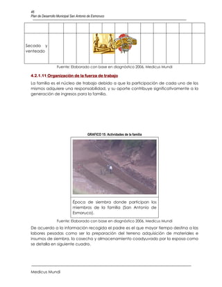 46
 Plan de Desarrollo Municipal San Antonio de Esmoruco




Secado y
venteado


                   Fuente: Elaborado con base en diagnóstico 2006, Medicus Mundi

 4.2.1.11 Organización de la fuerza de trabajo
 La familia es el núcleo de trabajo debido a que la participación de cada uno de los
 mismos adquiere una responsabilidad, y su aporte contribuye significativamente a la
 generación de ingresos para la familia.




                                         GRAFICO 15: Actividades de la familia




                              Época de siembra donde participan los
                              miembros de la familia (San Antonio de
                              Esmoruco).

                   Fuente: Elaborado con base en diagnóstico 2006, Medicus Mundi
 De acuerdo a la información recogida el padre es el que mayor tiempo destina a las
 labores pesadas como ser la preparación del terreno adquisición de materiales e
 insumos de siembra, la cosecha y almacenamiento coadyuvado por la esposa como
 se detalla en siguiente cuadro.




 Medicus Mundi
 