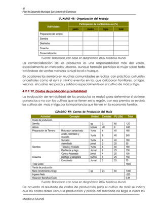 47
Plan de Desarrollo Municipal San Antonio de Esmoruco

                                     CUADRO 48: Organización del trabajo

                                                        Participación de los Miembros en (%)
                        Actividades
                                                padre          madre             hijos         total
                Preparación del terreno
                Siembra
                Deshierbe
                Cosecha
                Comercialización
                   Fuente: Elaborado con base en diagnóstico 2006, Medicus Mundi
La comercialización de los productos es una responsabilidad más del varón,
especialmente en mercados urbanos, aunque también participa la mujer sobre todo
tratándose de ventas menores a nivel local o trueque.
En ocasiones las siembra en muchas comunidades se realiza con prácticas culturales
ancestrales como el ayni y mink’a eventos en los que colaboran familiares, amigos,
vecinos el cual es reciproco y solidario especialmente en el cultivo de maíz y trigo.

4.2.1.12 Costos de producción y rentabilidad
La evaluación de rentabilidad de los productos se realizó para determinar si obtiene
ganancias o no con los cultivos que se tienen en la región, con esa premisa se evaluó
los cultivos de maíz y trigo por la importancia que tienen en la economía familiar.

                                CUADRO 49: Costos de Producción del Maíz
                 Actividad                   Concepto              Unidad    Cantidad    PU ( Bs)       Total
         Costo de producción
         Semilla                                                  qq         2           60            120
         Abono                                                    bolsas     40          6             240
         Preparación de Terreno       Roturado- barbechado        Yunta      4           40            160
                                      Arado, rastreado y
                                                                  Yunta      6           40            240
                                      cruzado.
                                      Surcado                     Yunta      4           40            160
                                      Asemillado                  jornal     2           25            50
         Siembra                      Tapado y nivelado           Yunta      4           40            160
                                      Deshierbe y riego           Jornal     6           25            150
                                      Corte y Arqueado            jornal     4           25            100
         Cosecha                      Deshoje y Desgrane          burros     6           25            150
                                      Embolsado                   Jornal     3           25            75
         Total Costo                                                                                   1605
         Venta de producción
         Maíz (rendimiento 23 qq)                                 qq         23          60            1380
         Ingreso Neto                                                                                  -225
         Relación/ Beneficio/Costo                                                                     0,85
                   Fuente: Elaborado con base en diagnóstico 2006, Medicus Mundi
De acuerdo al resultado de costos de producción para el cultivo de maíz se indica
que los costos reales versus la producción y precio del mercado no llega a cubrir los

Medicus Mundi
 