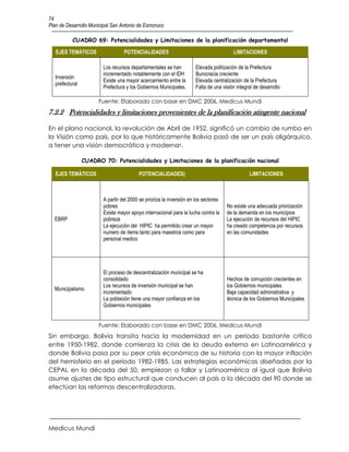 74
Plan de Desarrollo Municipal San Antonio de Esmoruco

           CUADRO 69: Potencialidades y Limitaciones de la planificación departamental

   EJES TEMÁTICOS                 POTENCIALIDADES                                       LIMITACIONES

                        Los recursos departamentales se han           Elevada politización de la Prefectura
                        incrementado notablemente con el IDH          Burocracia creciente
   Inversión
                        Existe una mayor acercamiento entre la        Elevada centralización de la Prefectura
   prefectural
                        Prefectura y los Gobiernos Municipales.       Falta de una visión integral de desarrollo

                       Fuente: Elaborado con base en DMC 2006, Medicus Mundi
7.2.2 Potencialidades y limitaciones provenientes de la planificación atingente nacional

En el plano nacional, la revolución de Abril de 1952, significó un cambio de rumbo en
la Visión como país, por lo que históricamente Bolivia pasó de ser un país oligárquico,
a tener una visión democrática y moderna4.

                 CUADRO 70: Potencialidades y Limitaciones de la planificación nacional

   EJES TEMÁTICOS                        POTENCIALIDADES)                                       LIMITACIONES



                        A partir del 2000 se prioriza la inversión en los sectores
                        pobres                                                       No existe una adecuada priorización
                        Existe mayor apoyo internacional para la lucha contra la     de la demanda en los municipios
  EBRP                  pobreza                                                      La ejecución de recursos del HIPIC
                        La ejecución del HIPIC ha permitido crear un mayor           ha creado competencia por recursos
                        numero de ítems tanto para maestros como para                en las comunidades
                        personal medico




                        El proceso de descentralización municipal se ha
                        consolidado                                                  Hechos de corrupción crecientes en
                        Los recursos de inversión municipal se han                   los Gobiernos municipales
  Municipalismo
                        incrementado                                                 Baja capacidad administrativa y
                        La población tiene una mayor confianza en los                técnica de los Gobiernos Municipales
                        Gobiernos municipales


                       Fuente: Elaborado con base en DMC 2006, Medicus Mundi
Sin embargo, Bolivia transita hacia la modernidad en un periodo bastante crítico
entre 1950-1982, donde comienza la crisis de la deuda externa en Latinoamérica y
donde Bolivia pasa por su peor crisis económica de su historia con la mayor inflación
del hemisferio en el período 1982-1985. Las estrategias económicas diseñadas por la
CEPAL en la década del 50, empiezan a fallar y Latinoamérica al igual que Bolivia
asume ajustes de tipo estructural que conducen al país a la década del 90 donde se
efectúan las reformas descentralizadoras.




Medicus Mundi
 