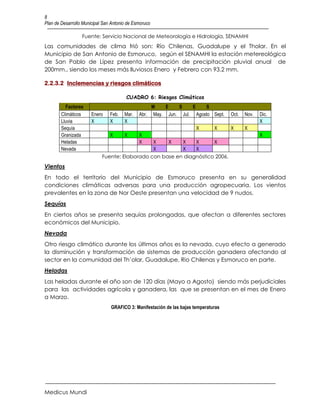 8
Plan de Desarrollo Municipal San Antonio de Esmoruco

                  Fuente: Servicio Nacional de Meteorología e Hidrología, SENAMHI
Las comunidades de clima frió son: Río Chilenas, Guadalupe y el Tholar. En el
Municipio de San Antonio de Esmoruco, según el SENAMHI la estación metereológica
de San Pablo de Lípez presenta información de precipitación pluvial anual de
200mm., siendo los meses más lluviosos Enero y Febrero con 93.2 mm.

2.2.3.2 Inclemencias y riesgos climáticos

                                        CUADRO 6: Riesgos Climáticos
          Factores                                 M    E   S    E    S
        Climáticos     Enero    Feb.   Mar.   Abr. May. Jun. Jul. Agosto Sept.       Oct.   Nov.   Dic.
        Lluvia         X        X      X                                                           X
        Sequía                                                         X       X     X      X
        Granizada               X      X      X                                                    X
        Heladas                               XX    X    X    X      X
        Nevada                                 X         X    X
                            Fuente: Elaborado con base en diagnóstico 2006.
Vientos
En todo el territorio del Municipio de Esmoruco presenta en su generalidad
condiciones climáticas adversas para una producción agropecuaria. Los vientos
prevalentes en la zona de Nor Oeste presentan una velocidad de 9 nudos.
Sequías
En ciertos años se presenta sequías prolongadas, que afectan a diferentes sectores
económicos del Municipio.
Nevada
Otro riesgo climático durante los últimos años es la nevada, cuyo efecto a generado
la disminución y transformación de sistemas de producción ganadera afectando al
sector en la comunidad del Th’olar, Guadalupe, Rio Chilenas y Esmoruco en parte.
Heladas
Las heladas durante el año son de 120 días (Mayo a Agosto) siendo más perjudiciales
para las actividades agrícola y ganadera, las que se presentan en el mes de Enero
a Marzo.
                                GRAFICO 3: Manifestación de las bajas temperaturas




Medicus Mundi
 