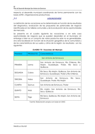 82
Plan de Desarrollo Municipal San Antonio de Esmoruco

respecto al desarrollo municipal coordinando de forma permanente con las
bases (OTB’s, Organizaciones productivas).
9.2                                                    VOCACIONES

La definición de las vocaciones se ha determinado en función de los resultados
del diagnostico, evaluación de las propuestas de potenciales de negocio
identificadas en los talleres comunales y de la evaluación de las oportunidades
de mercado.
Se presenta en el cuadro siguiente las vocaciones o en este caso
oportunidades de negocio que se pueden desarrollar en el Municipio; sin
embargo si bien es un conjunto de varios productos este no es generalizable,
sino esta localizado en función de la situación geográfica de la comunidad y
de las características de sus suelos y clima de la región, los resultados son las
siguientes:

                               CUADRO 72: Vocaciones del Municipio

 Prioridad             PRODUCTO            Características

                                             San Antonio de Esmoruco

                                           San Antonio de Esmoruco, Río Chilenas, Río
 PRIMERA               Llama               Mojón, Guadalupe, Tholar, Río Seco y
                                           Quillacas

                                           Río Seco, Río Mojón, Quillacas, San Antonio de
 SEGUNDA               Cabra
                                           Esmoruco, Guadalupe, Tholar y Río Chilenas.

                                           San Antonio de Esmoruco,          Río   Seco,
 TERCERA               Haba
                                           Guadalupe, Tholar, Río Mojón

 CUARTA                Quinua              San Antonio de Esmoruco, Tholar

                                           Río mojón, San Antonio de Esmoruco, Río
 QUINTO                Maíz
                                           Seco, Quillacas

                                           Rió Seco, Quillacas, Río Mojón, San Antonio de
 SEXTA                 Trigo
                                           Esmoruco

                         Fuente: Elaboración propia con base en DMC




Medicus Mundi
 