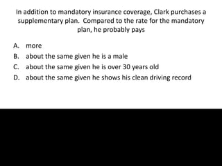 In addition to mandatory insurance coverage, Clark purchases a
supplementary plan. Compared to the rate for the mandatory
plan, he probably pays
A. more
B. about the same given he is a male
C. about the same given he is over 30 years old
D. about the same given he shows his clean driving record
 