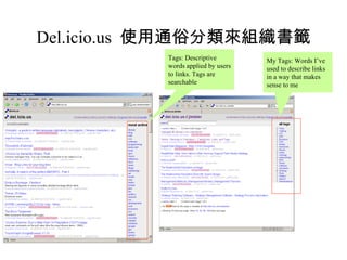 Del.icio.us  使用通俗分類來組織書籤 Tags: Descriptive words applied by users to links. Tags are searchable My Tags: Words I’ve used to describe links in a way that makes sense to me  