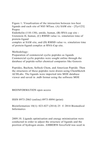Figure 1: Visualisation of the interaction between two best
ligands and each site of NS5 MTase. (A) SAM site - [Tyr123]
Prepro
Endothelin (110-130), amide, human, (B) RNA-cap site -
Urotensin II, human, (C) RMSD value vs. simulation time of
protein-ligand
complex at SAM site, and (D) RMSD value vs. simulation time
of protein-ligand complex at RNA-Cap site.
Methodology:
Preparation of commercial cyclic peptides as ligands
Commercial cyclic peptides were sought online through the
database of peptide-seller chemical companies like Genesis
Peptides, Bachem, Selleck Chem, and American Peptide. Then
the structures of these peptides were drawn using ChemSketch
ACDLabs. The ligands were imported into MOE database
viewer and saved in .mdb format using the software MOE
BIOINFORMATION open access
ISSN 0973-2063 (online) 0973-8894 (print)
Bioinformation 10(1): 023-027 (2014) 25 © 2014 Biomedical
Informatics
2009.10. Ligands optimisation and energy minimisation were
conducted in order to adjust the structure of ligands and the
position of hydrogen atoms. AMBER94 forcefield was used in
 