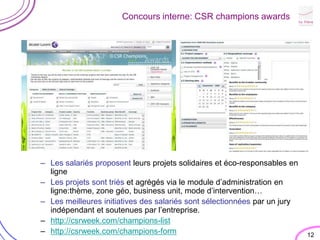 12Concours interne: CSR champions awardsLes salariés proposent leurs projets solidaires et éco-responsables en ligneLes projets sont triés et agrégés via le module d’administration en ligne:thème, zone géo, business unit, mode d’intervention…Les meilleures initiatives des salariés sont sélectionnées par un jury indépendant et soutenues par l’entreprise.http://csrweek.com/champions-listhttp://csrweek.com/champions-form