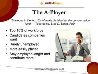 The A-Player Top 10% of workforce Candidates companies want Rarely unemployed More easily placed Stay employed longer and contribute more “ Someone in the top 10% of available talent for the compensation level.” –  Topgrading , Brad D. Smart, PhD. 