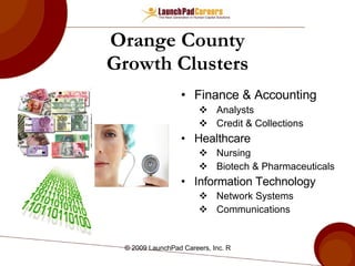 Orange County Growth Clusters Finance & Accounting Analysts Credit & Collections Healthcare Nursing Biotech & Pharmaceuticals Information Technology Network Systems Communications 