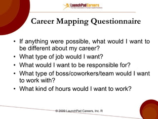 Career Mapping Questionnaire  If anything were possible, what would I want to be different about my career? What type of job would I want? What would I want to be responsible for? What type of boss/coworkers/team would I want to work with? What kind of hours would I want to work? 
