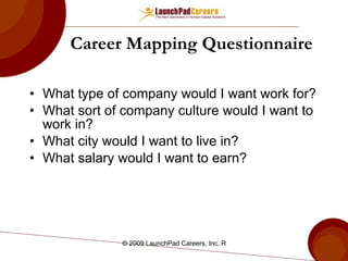 Career Mapping Questionnaire What type of company would I want work for? What sort of company culture would I want to work in? What city would I want to live in? What salary would I want to earn? 
